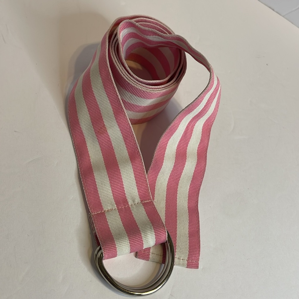 Pink & White Striped Kids Double-D Ring Belt (Approx. 41” not including buckle)